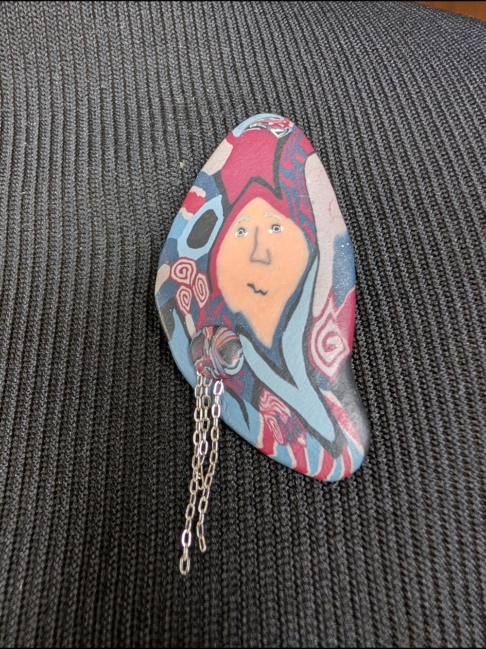 Vintage Artist Made Polymer Clay Face Brooch Pin With Chain Detail 2.5" x 1"
